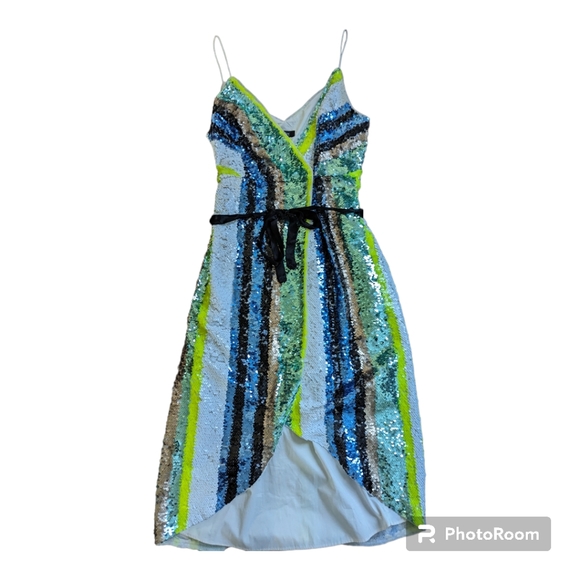 Aidan Mattox Sequin Striped Midi Wrap Dress Sz 6 - Picture 4 of 7